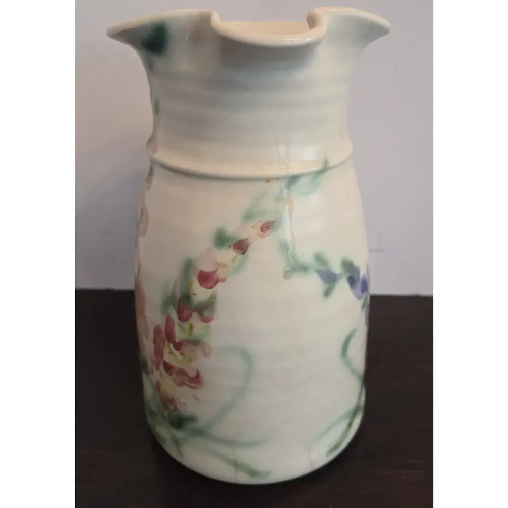 Clouds Folsom Pottery CA Handcrafted Pitcher Vase Handpainted Floral 1994 8.5
